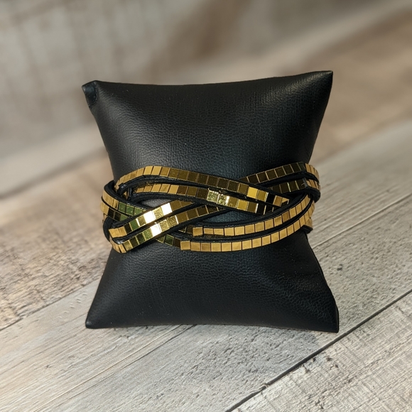 A12 Gold Disco Ball Wrap Bracelet Black Suede Metallic Crystal Rhinestone - Picture 5 of 12